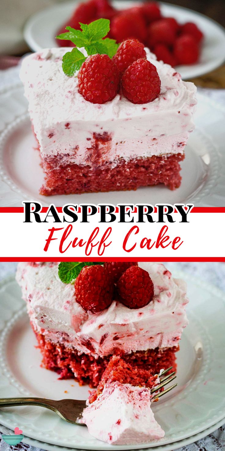 raspberry fluff cake on a plate with a fork and strawberries in the background