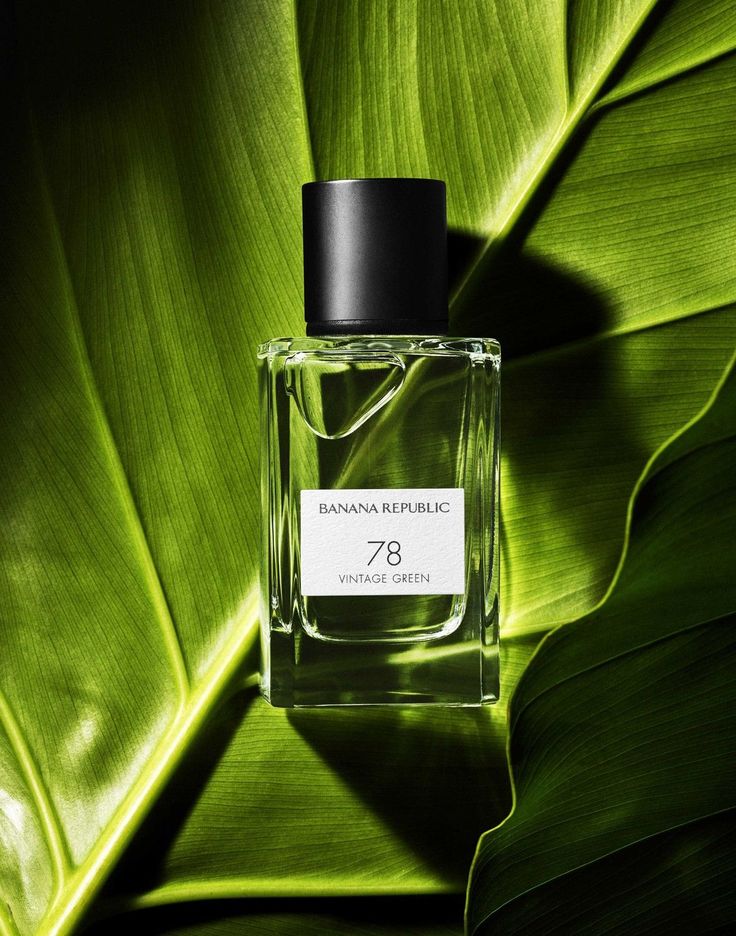 a bottle of perfume sitting on top of a green leaf