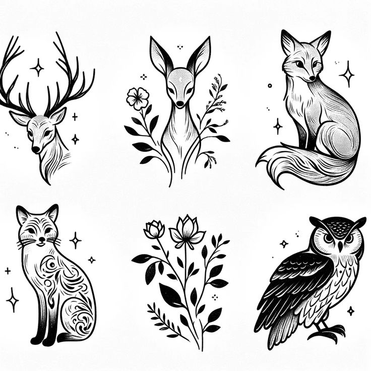 four different types of tattoos with animals and flowers