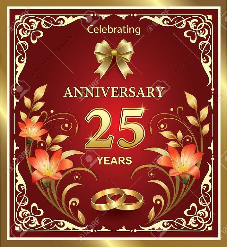 an anniversary card with flowers and gold ribbon on a red background stock photo - 5579