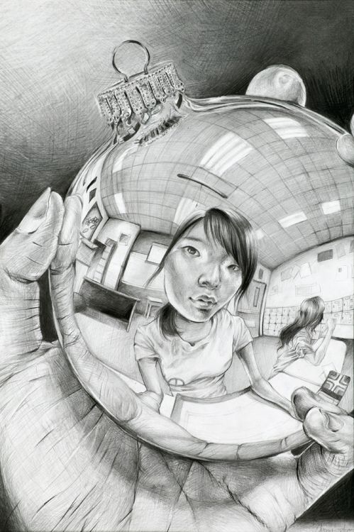 a drawing of a woman holding a mirror ball