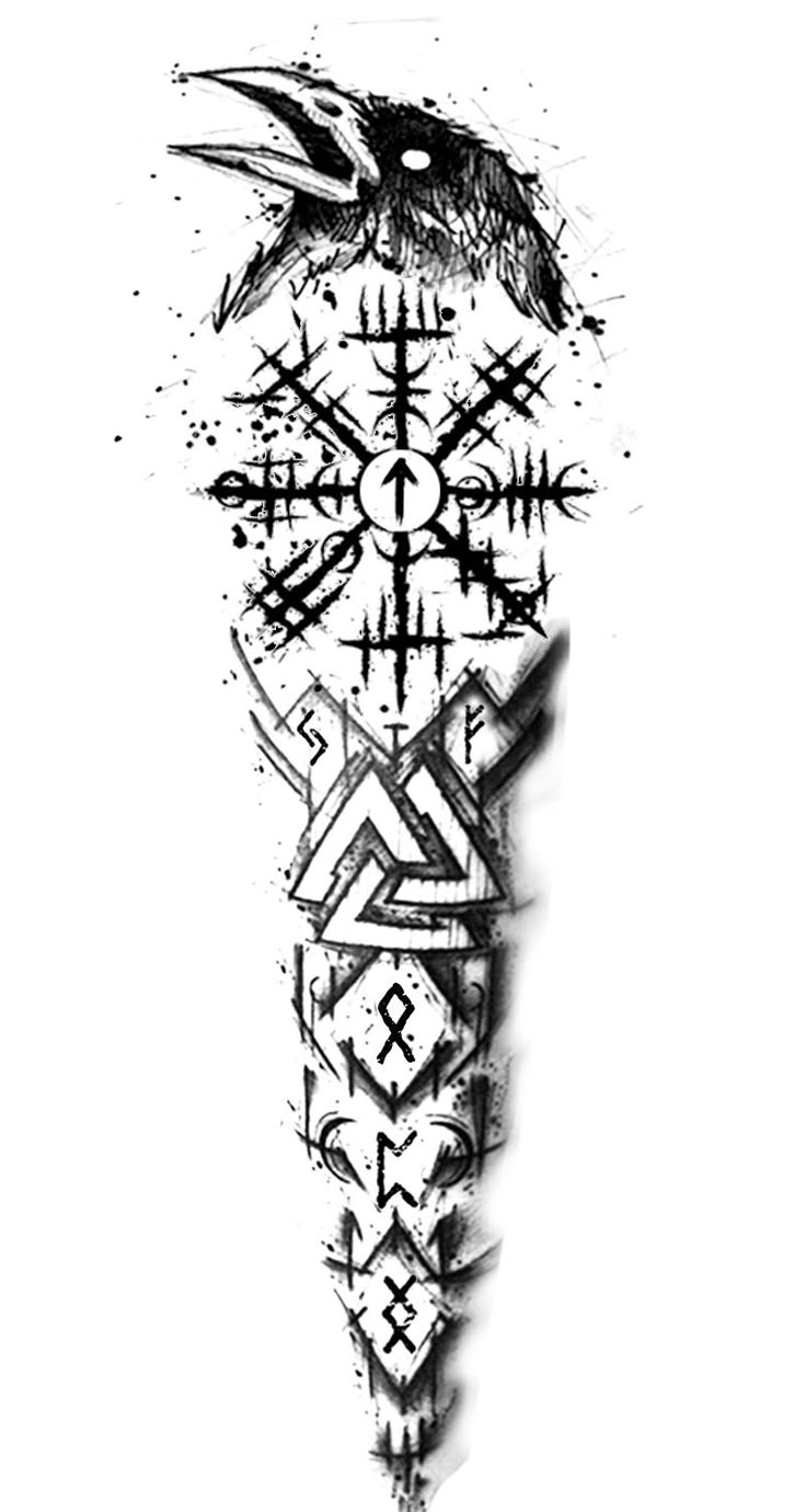 a black and white drawing of a bird on top of a cross with arrows in it