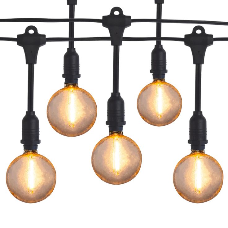 five light bulbs hanging from a black wire