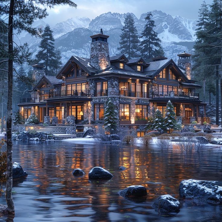 a large house sitting on top of a lake next to a forest filled with trees