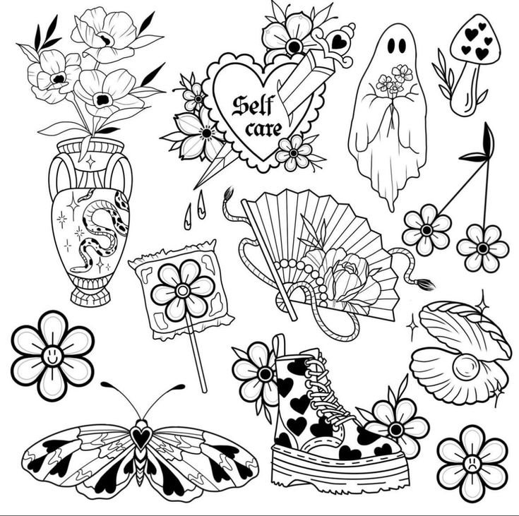 the coloring page for halloween with flowers, butterflies and other things to color on it