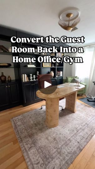 a living room with hardwood floors and an area rug that has the words, convert the guest room back into a home office / gym