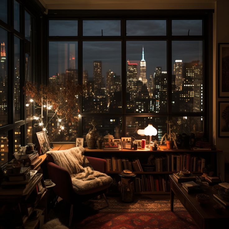 a living room filled with lots of furniture and tall buildings in the background at night