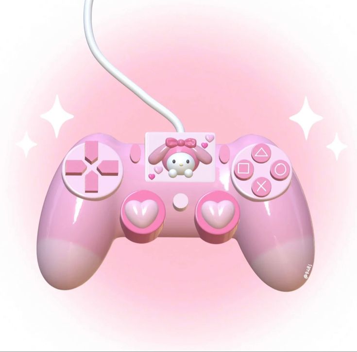 a pink video game controller with a teddy bear on the front and hearts on the back