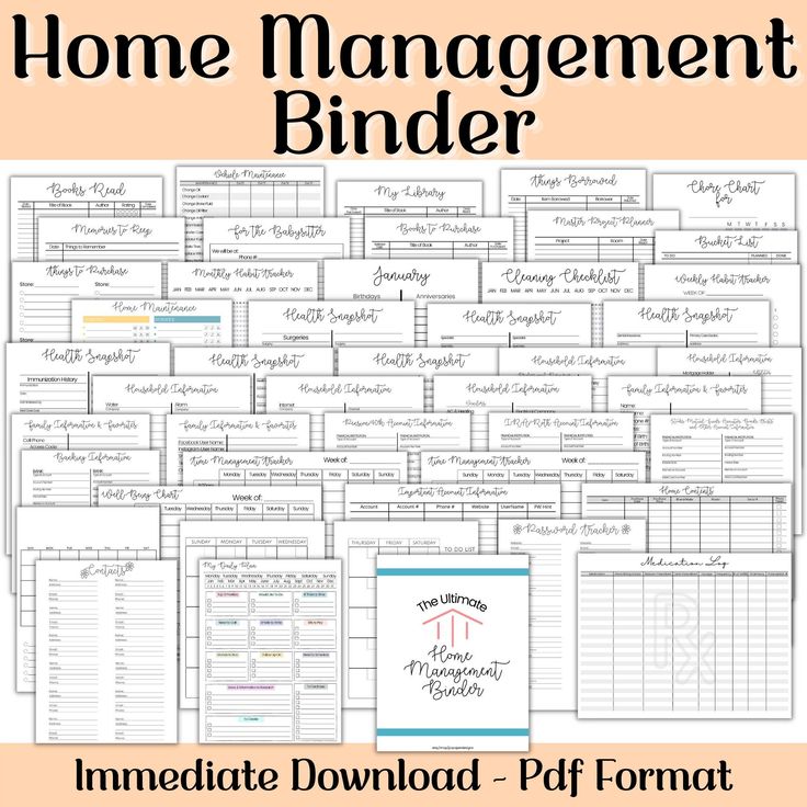 the home management bind is shown with text overlaying it, and an image of a