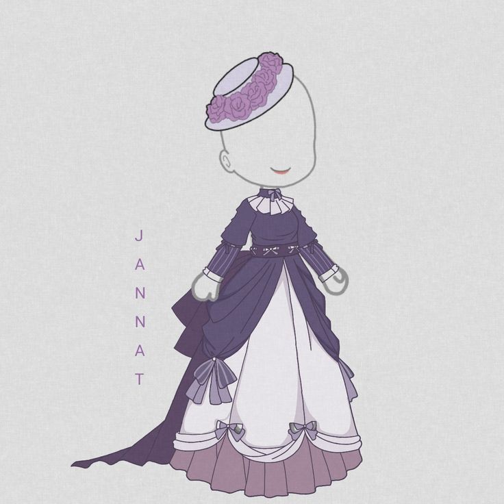 a drawing of a woman wearing a purple dress and hat with the word janen on it