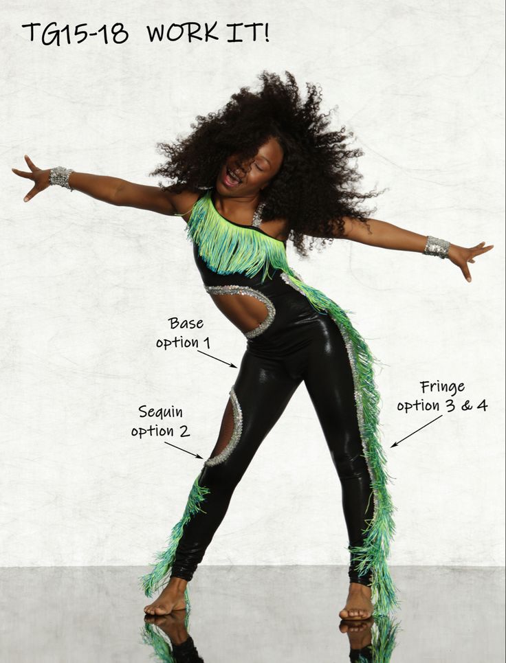 a woman in a green and black outfit with her arms out, showing the parts of her body