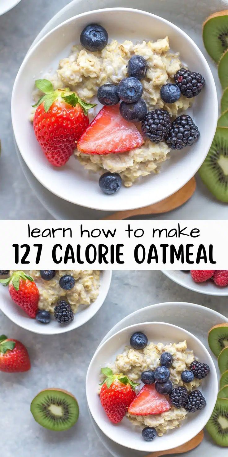 two bowls filled with oatmeal and berries on top of each other next to kiwis