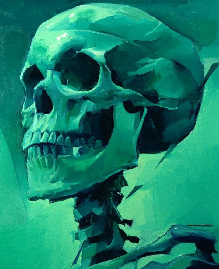 a painting of a skeleton in green