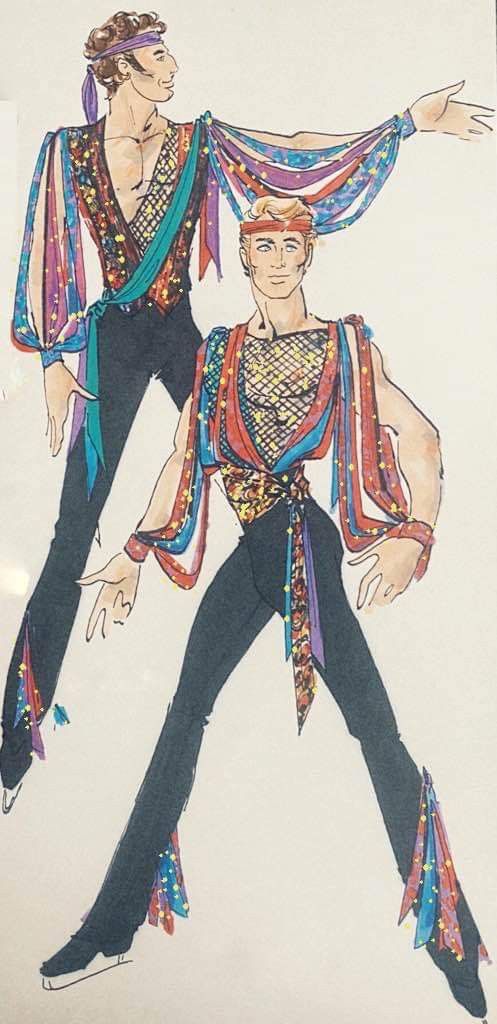 a drawing of two men dressed up in disco clothes, one with his arms outstretched