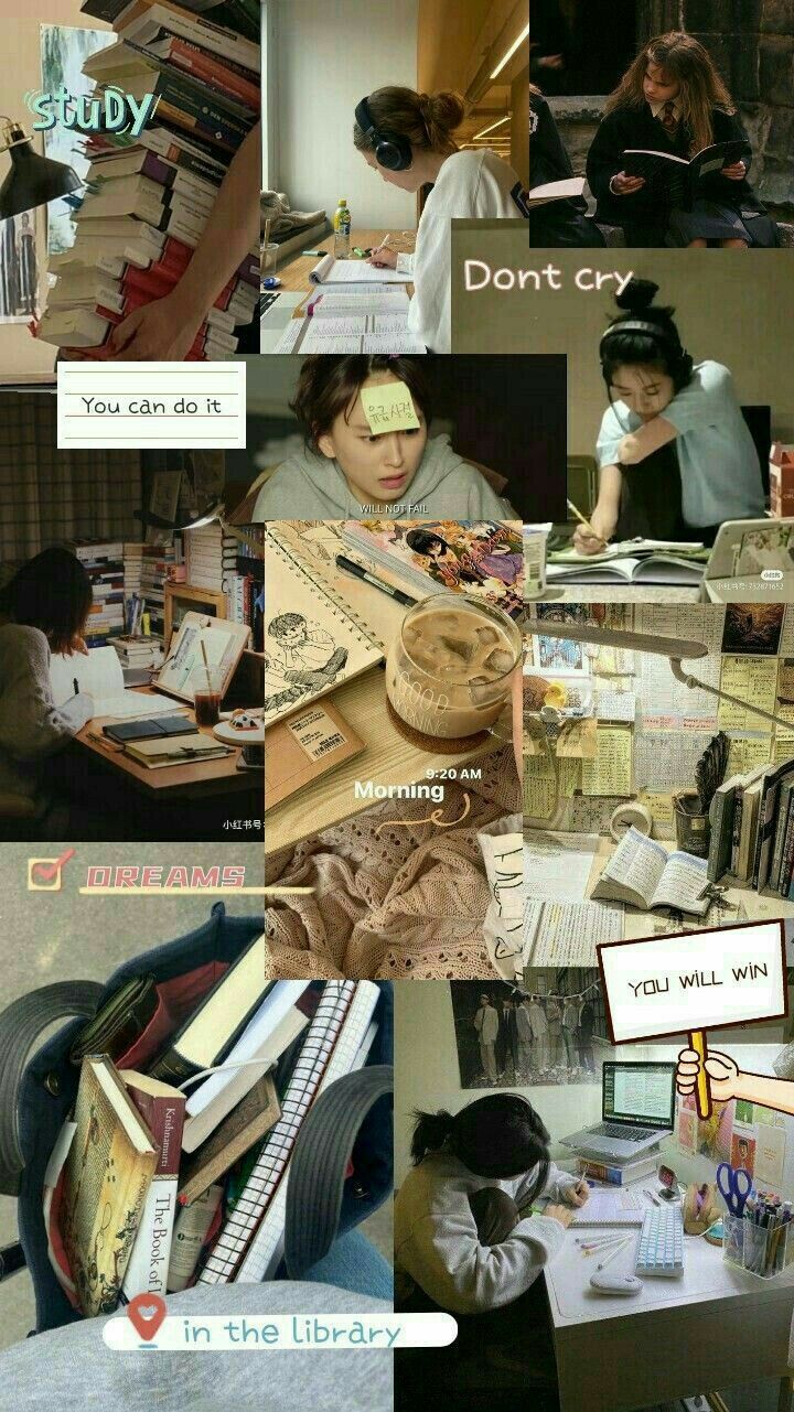 collage of images with people working and reading books in the same room, one woman sitting at her desk