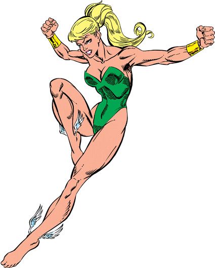 a woman in a green swimsuit is jumping with her arms out and legs spread