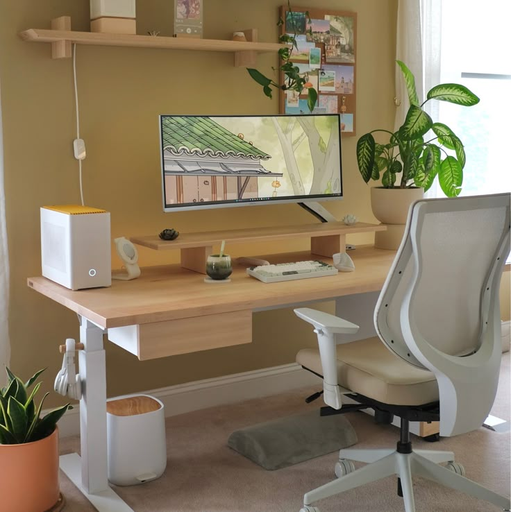 Maisy's bundle standing desk - ergonofis Wfh Desk Setup Office, Aesetbic Desk, Aerhetic Desk, Cozy Boho Desk, Home Desk Monitor, Home Office Tv Above Desk, Desk In Living Room Apartment Floating, Computer Desk In Living Room Window, Rug Under Desk Home Office Floating