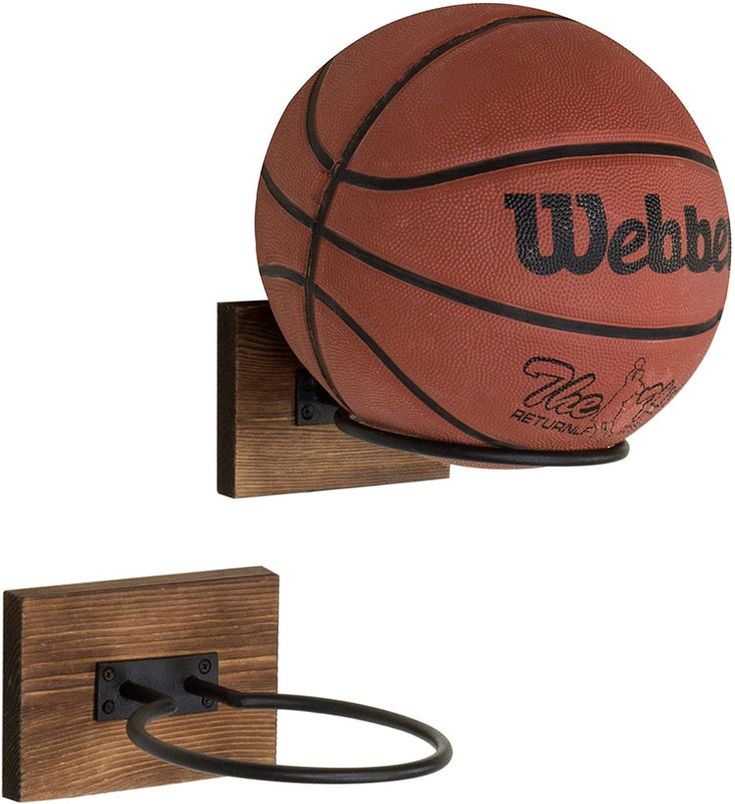 a basketball mounted to a wooden wall hook