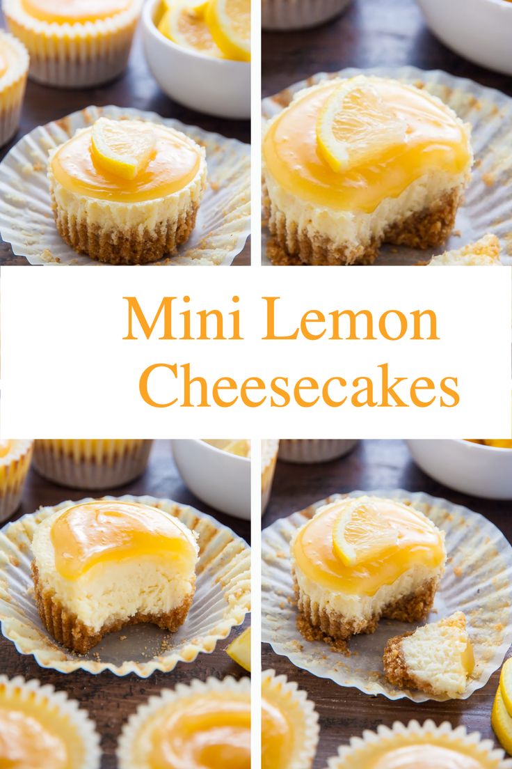 mini lemon cheesecakes on paper plates with the title overlay above it and below