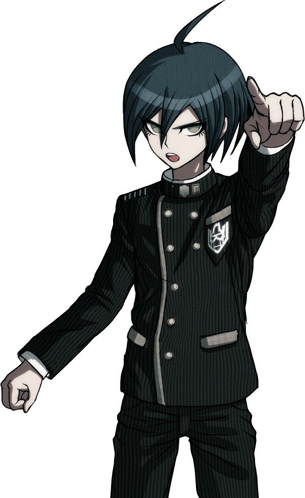 an anime character with black hair and blue eyes pointing his finger at the camera while wearing a uniform