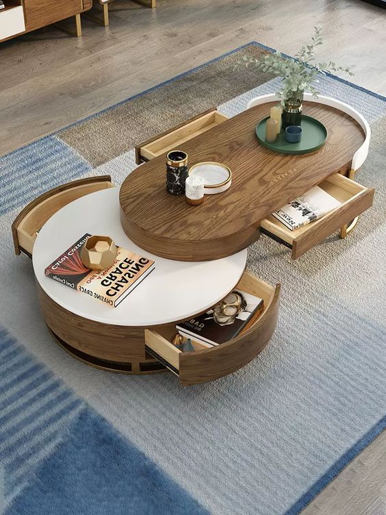 a coffee table with two drawers on it