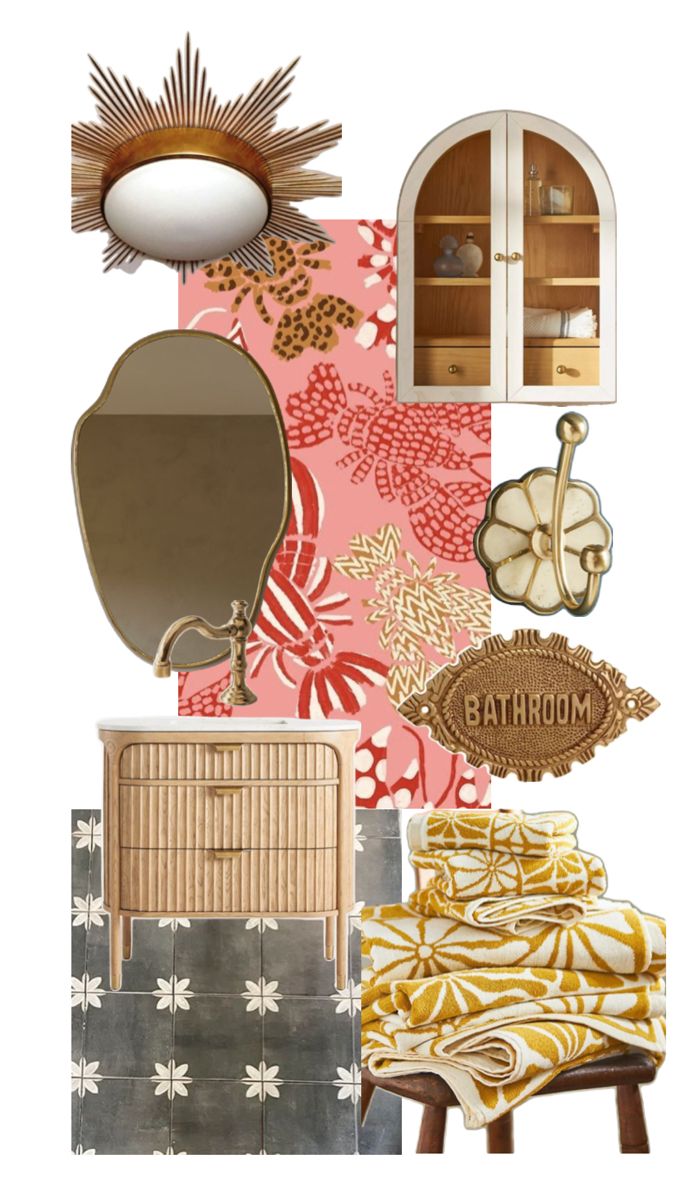 an assortment of furniture and decor items in pink, orange, yellow and white colors