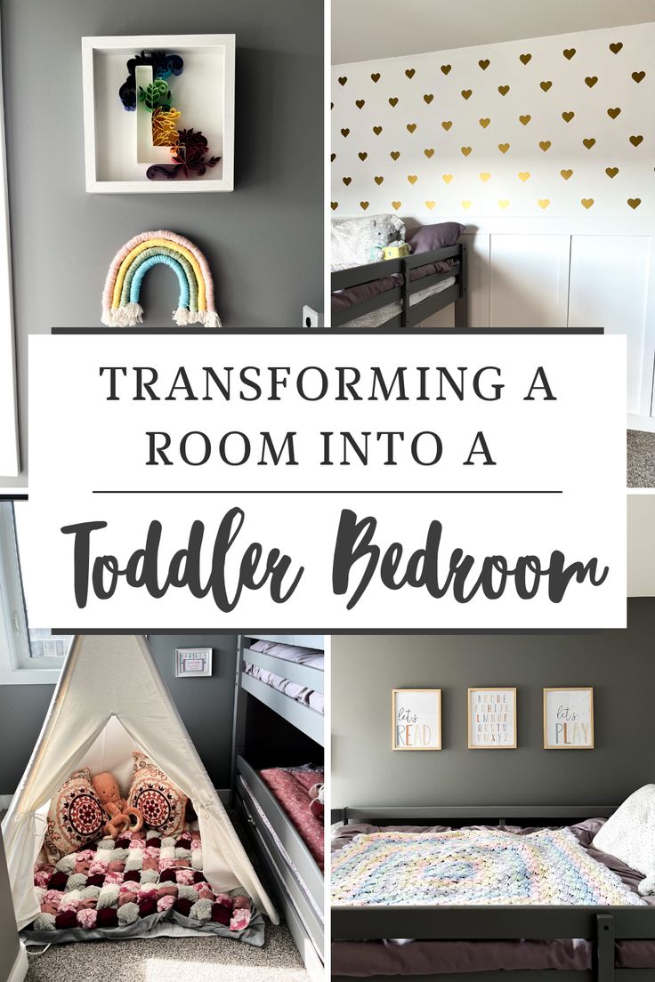 a collage of photos with the words transforming a room into a toddler bedroom