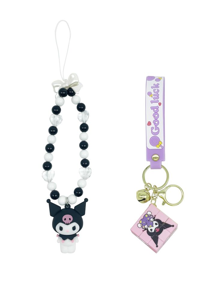 two necklaces with charms attached to them on a white background, one is black and the other is pink