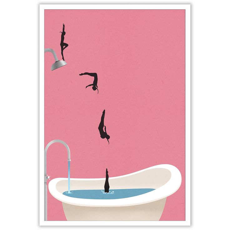 a bathtub filled with water and birds flying over it in front of a pink wall