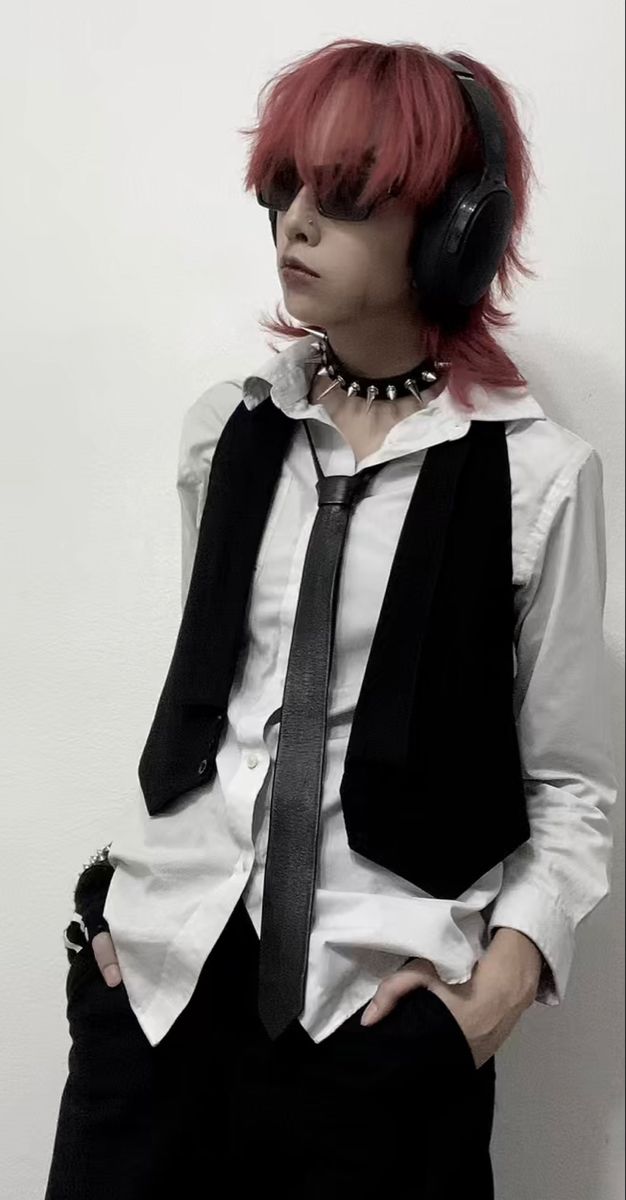 Emo Outfits With Ties, Tie And Vest Outfit, Spikey Clothes, Summer Alternative Outfits Grunge, Alt Outfits With Ties, Emo Vest Outfit, Red Tie Outfit Aesthetic, Masc Alternative Fashion, Scaramouche Casual Clothes