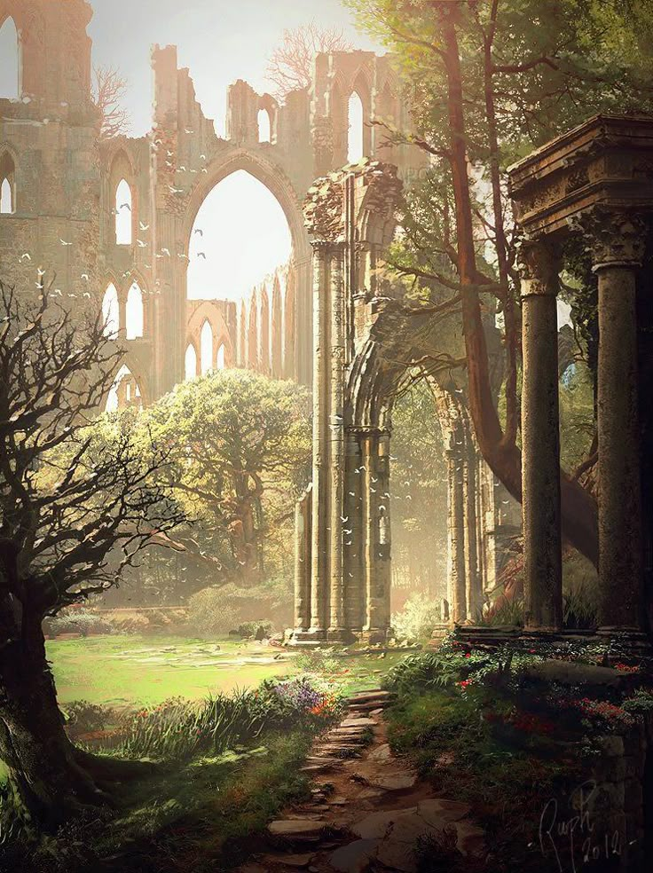 the ruins of an old church are surrounded by trees and grass, with sunlight streaming through them