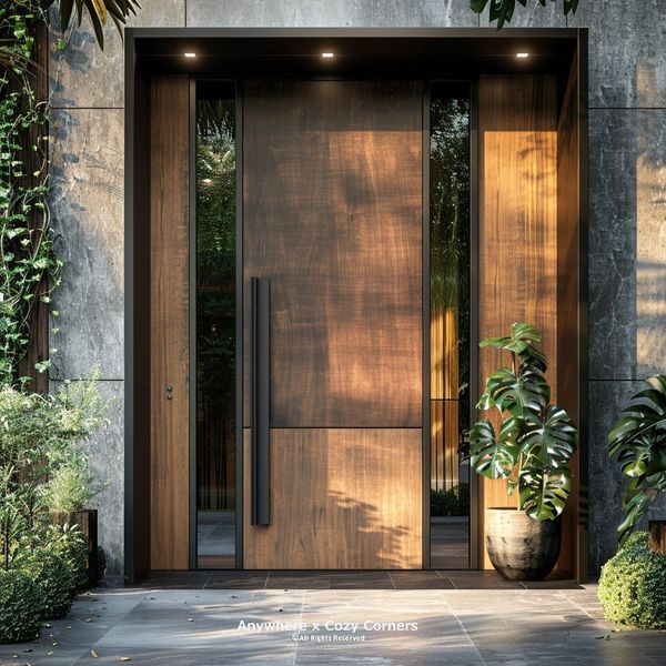 an entrance to a modern home with wooden doors and planters on the side walk