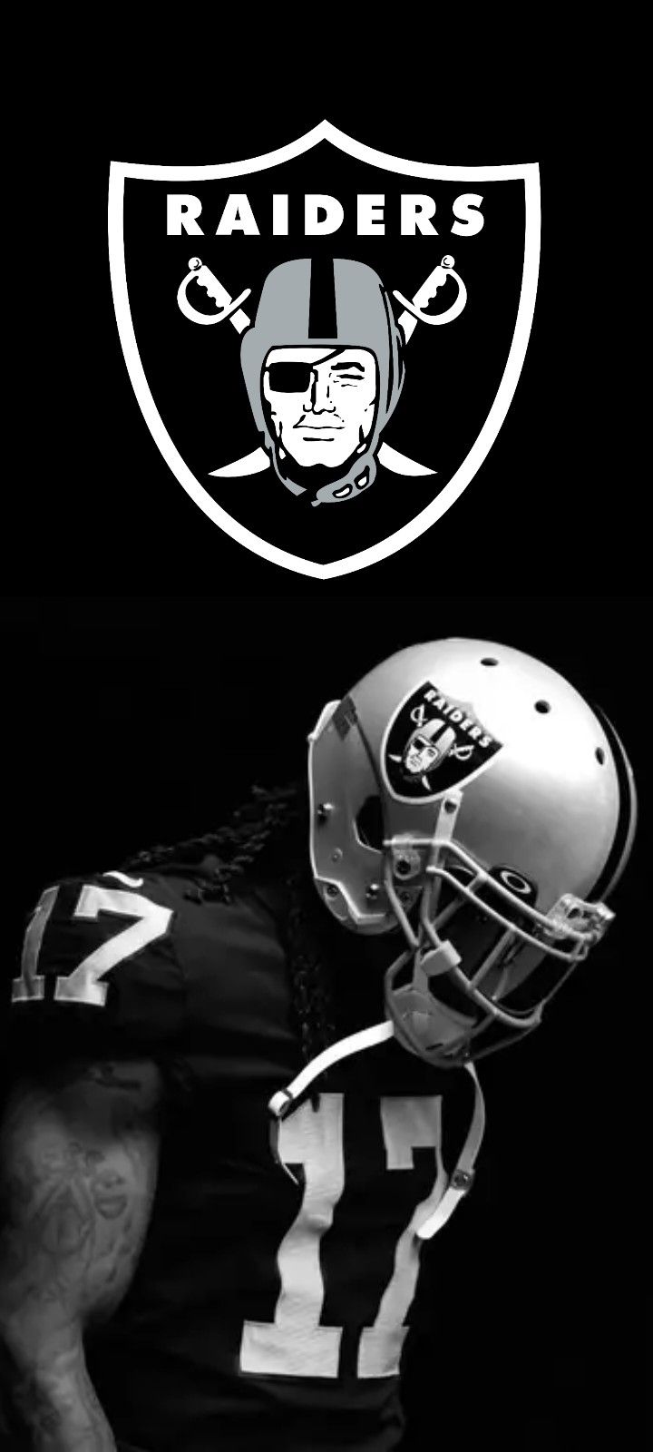 a black and white photo of a football player with the oakland logo in the background