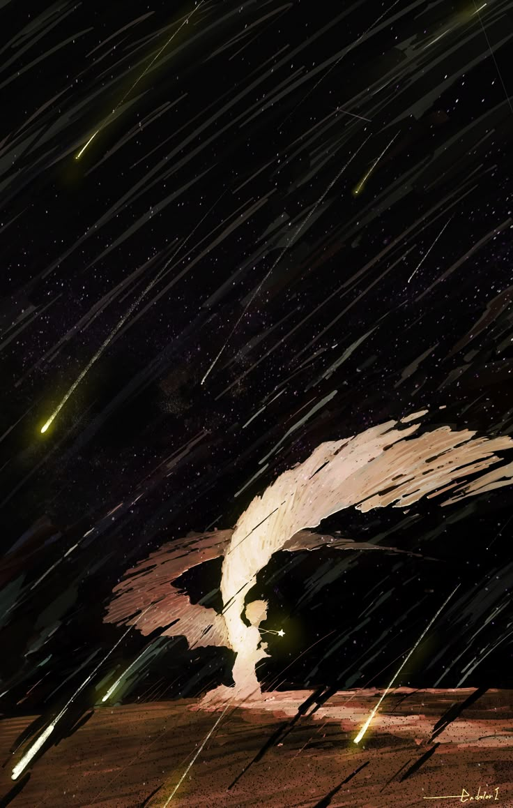 an image of a bird flying in the night sky with stars and light streaks coming from its wings