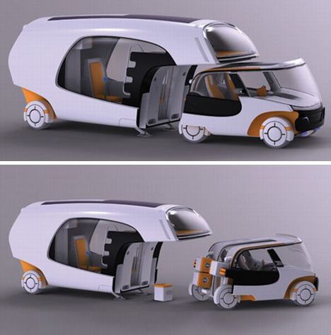 two views of an electric vehicle with doors open and the interior door opened to show its design