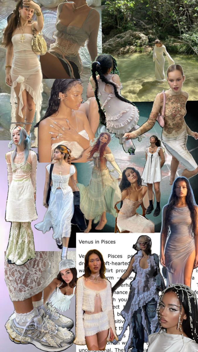 the collage shows many different types of women in dresses and shoes, with one woman wearing