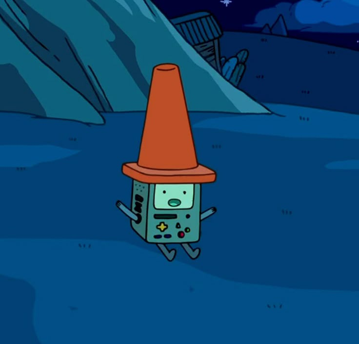 an orange cone on top of a cartoon character