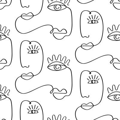 an abstract black and white background with many different faces in the style of line art