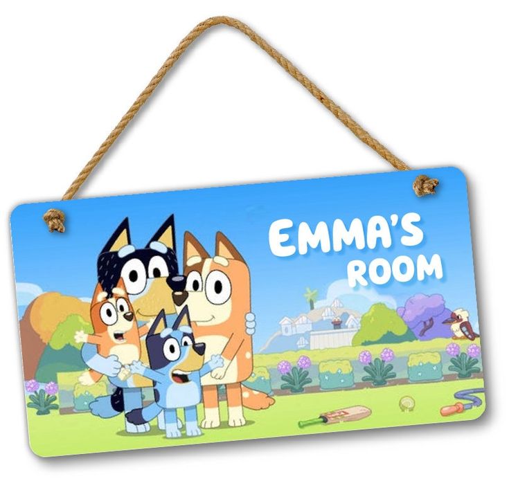 a wooden sign with cartoon characters hanging from it's sides and the words, emma's room