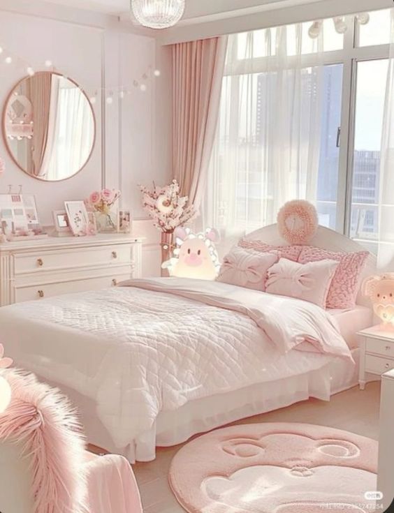 a bedroom decorated in pink and white with teddy bears on the bed, rugs and other decorations