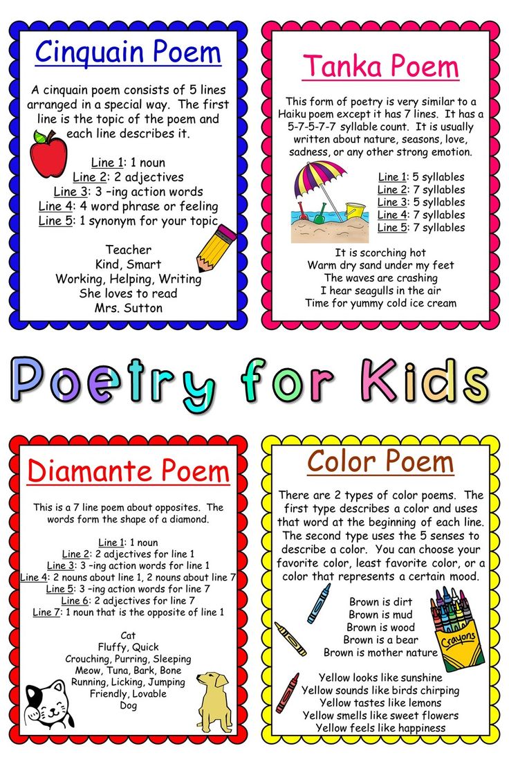 four different types of poetry for kids with pictures and text on the front, in three different colors