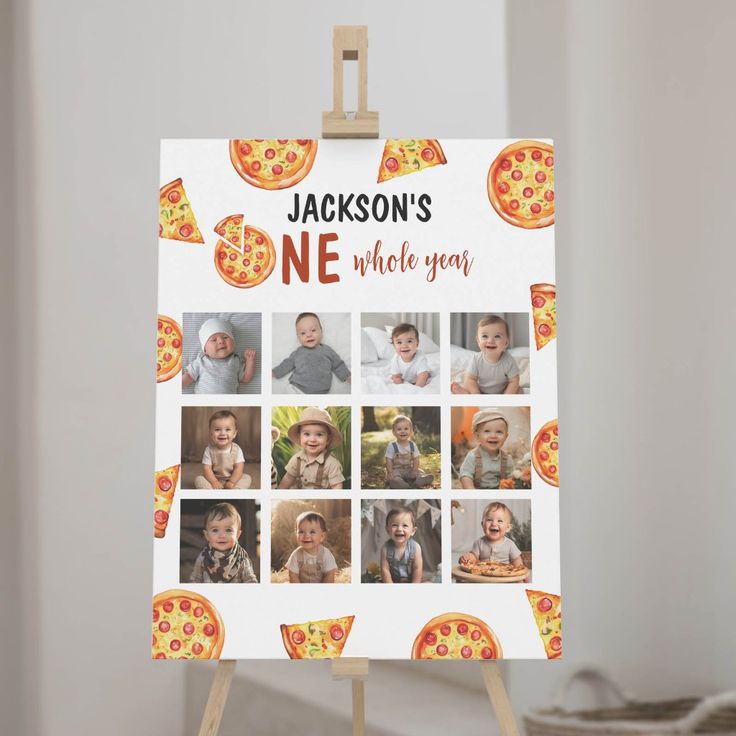 an easel with a pizza themed photo collage on it and the words, personalized one whole year