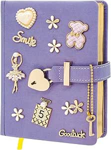 a purple book with lots of charms on it