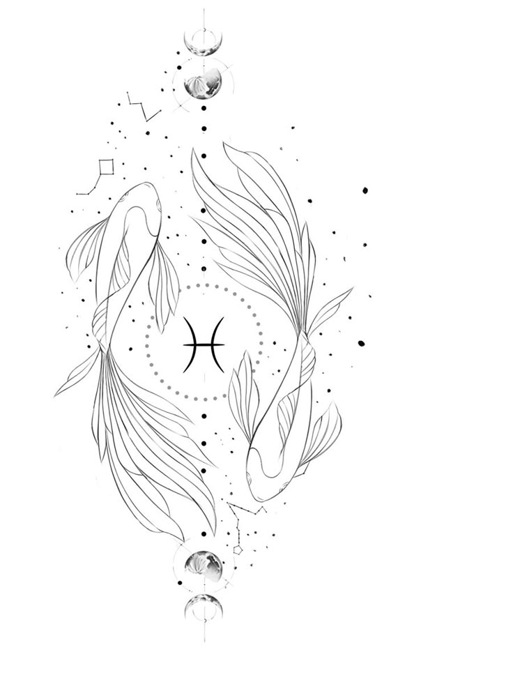 a black and white drawing of two fish in the water with bubbles on it's side