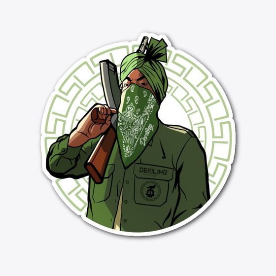 a sticker with an image of a man wearing a green turban and holding a knife