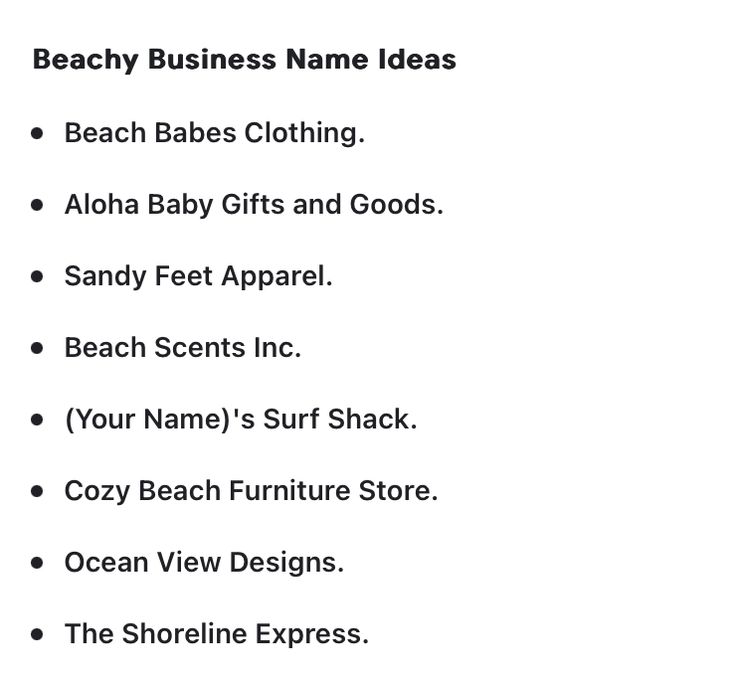 the beachy business name ideas list is shown