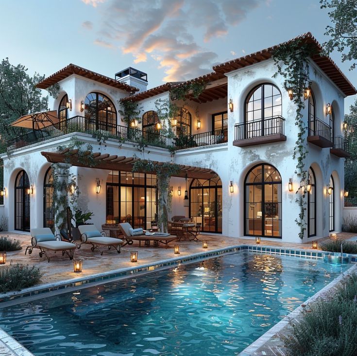 a large house with a pool in front of it