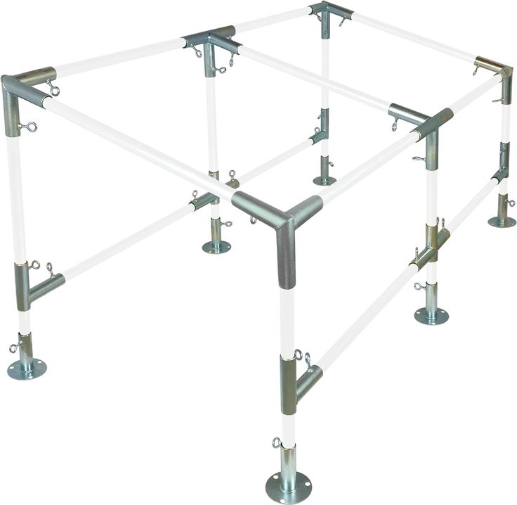 an image of a metal structure with poles and brackets