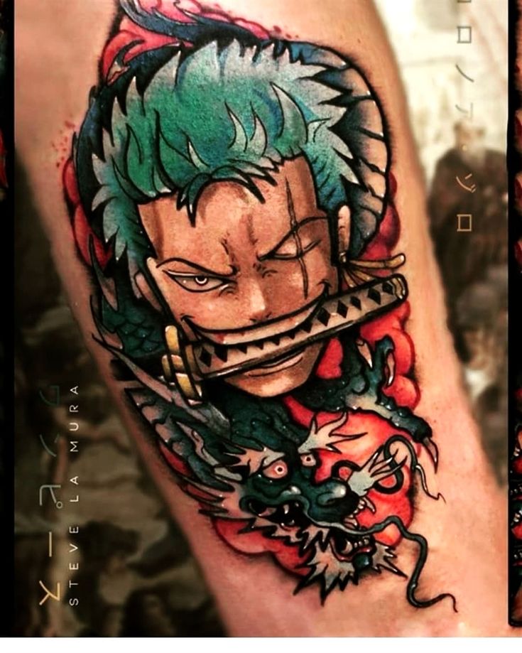 an image of a tattoo on the leg of a person with blue hair and tattoos