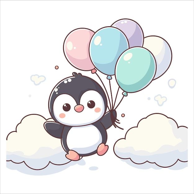 a penguin flying in the sky with balloons